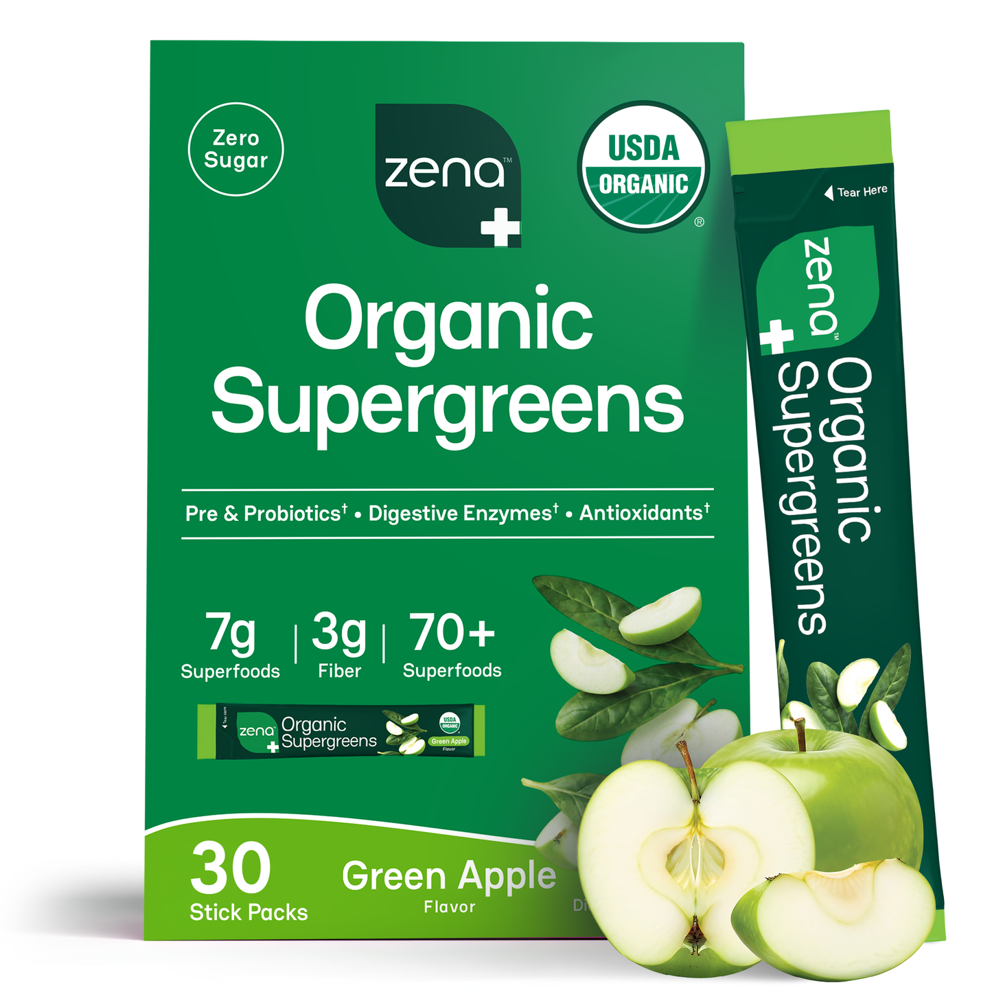 Zena Organic Supergreens Stick Packs - 30ct Carton