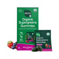 Zena Nutrition Organic Supergreens Gummies, Mixed Berry, box and pouches