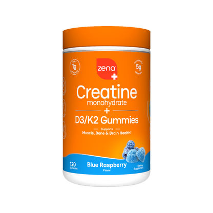 Zena Nutrition Creatine Gummies, Blue Raspberry, 120 count bottle, front