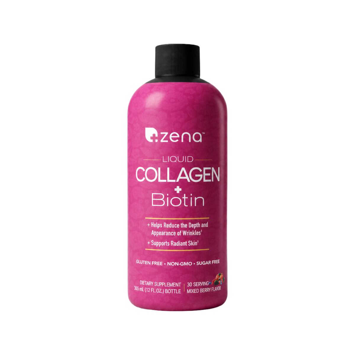 Zena Nutrition Liquid Collagen + Biotin, Mixed Berry, 12 fl oz bottle, front
