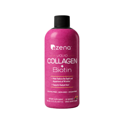 Zena Nutrition Liquid Collagen + Biotin, Mixed Berry, 12 fl oz bottle, front
