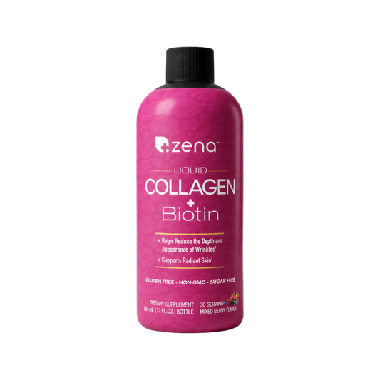 Zena Nutrition Liquid Collagen + Biotin, Mixed Berry, 12 fl oz bottle, front