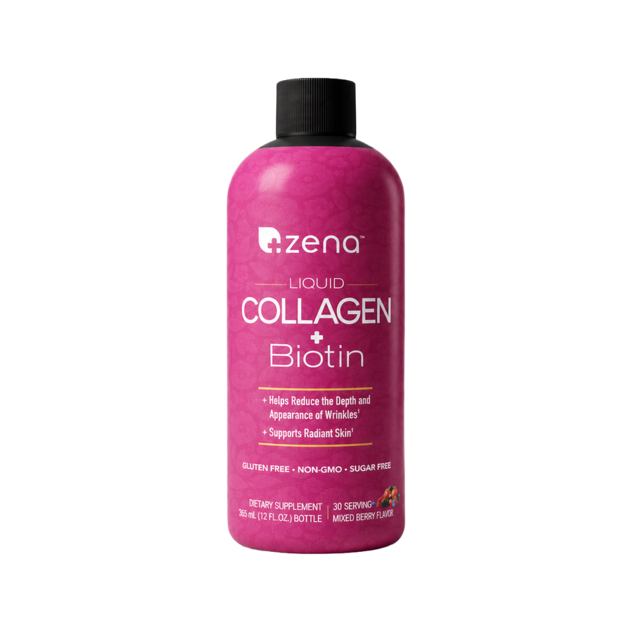 Zena Nutrition Liquid Collagen + Biotin, Mixed Berry, 12 fl oz bottle, front