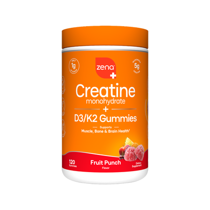 Zena Nutrition Creatine Gummies, Fruit Punch, 120 count bottle, front