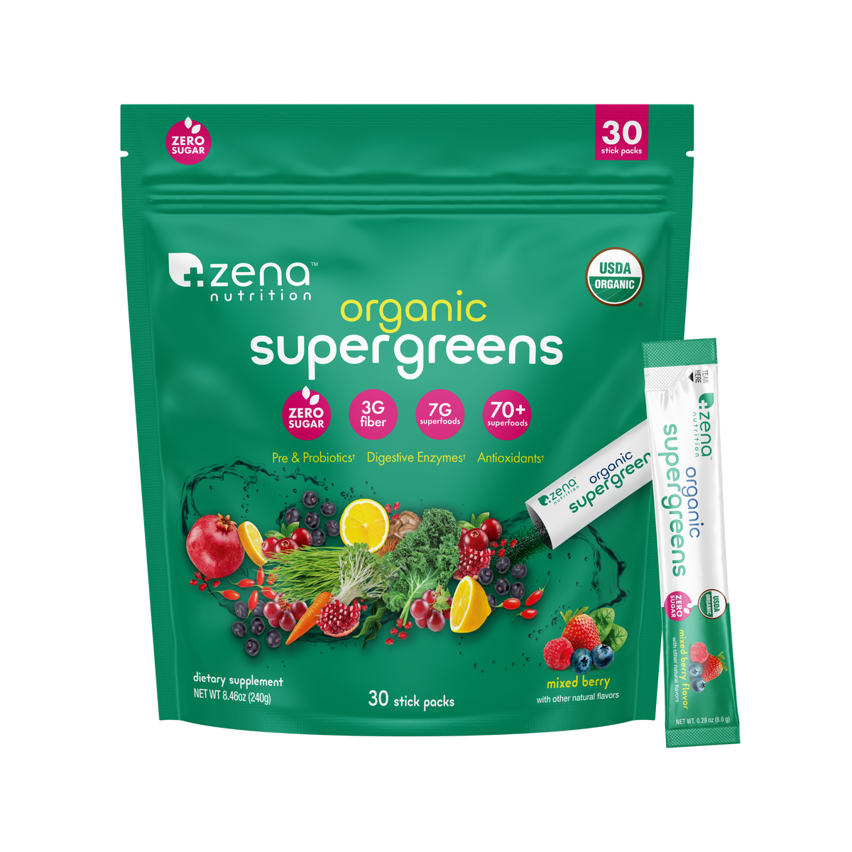 Organic Supergreens Berry stick packs