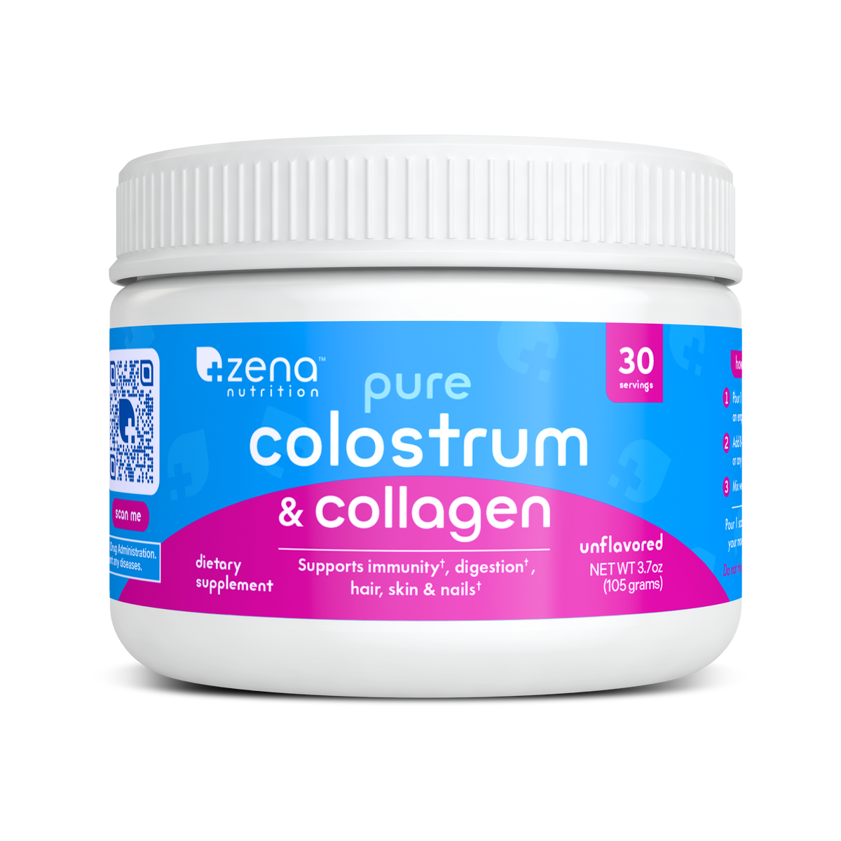 Zena Nutrition Bovine Colostrum & Collagen Powder, unflavored, 30 servings jar, front