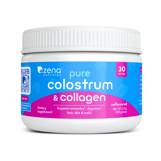 Zena Nutrition Bovine Colostrum & Collagen Powder, unflavored, 30 servings jar, front