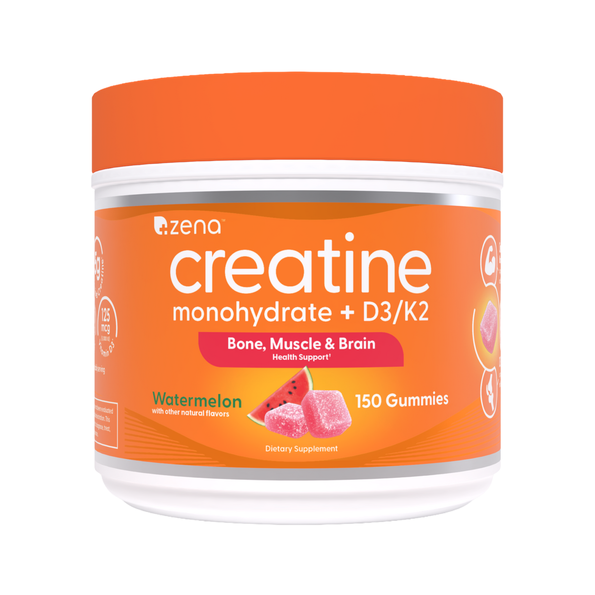 Zena Nutrition Creatine Gummies with D3 & K2, Watermelon, 150 count jar, front