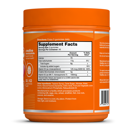 Orange supplement container with supplement facts label on a white background