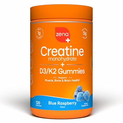 Zena Nutrition Creatine Gummies, Blue Raspberry, 120 count bottle, front
