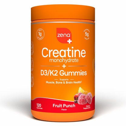 Zena Nutrition Creatine Gummies, Fruit Punch, 120 count bottle, front