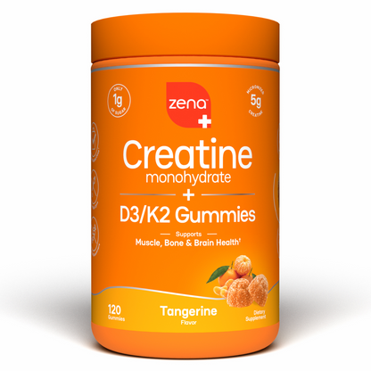 Zena Nutrition Creatine Gummies, Tangerine, 120 count bottle, front