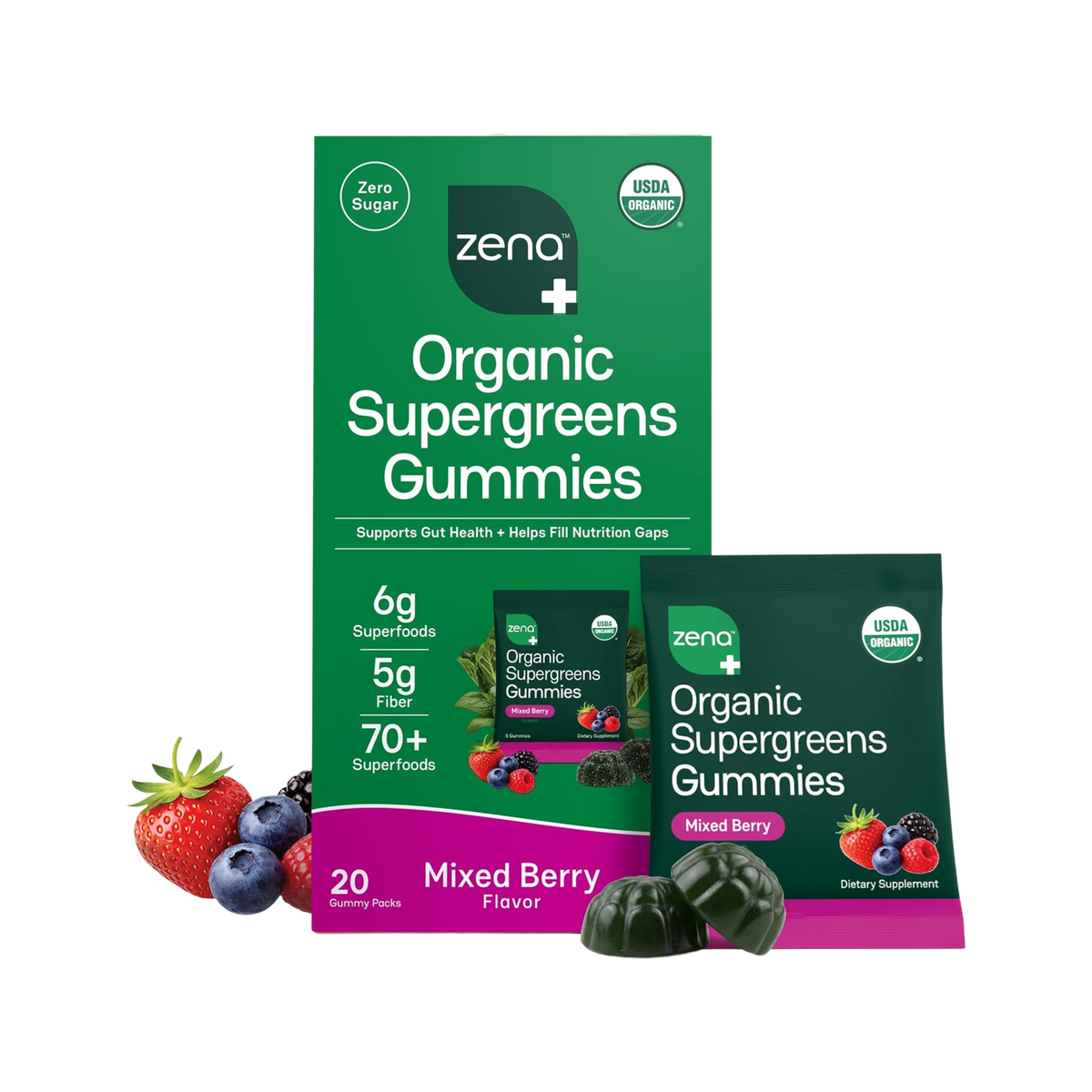 Zena Nutrition Organic Supergreens Gummies, Mixed Berry, box and pouches