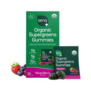 Zena Nutrition Organic Supergreens Gummies, Mixed Berry, box and pouches