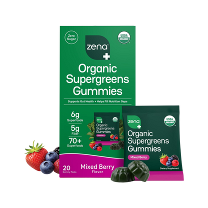 Zena Nutrition Organic Supergreens Gummies, Mixed Berry, box and pouches