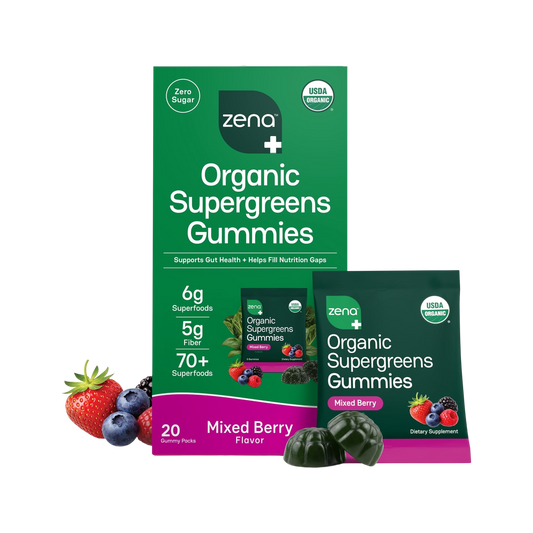 Zena Nutrition Organic Supergreens Gummies, Mixed Berry, box and pouches