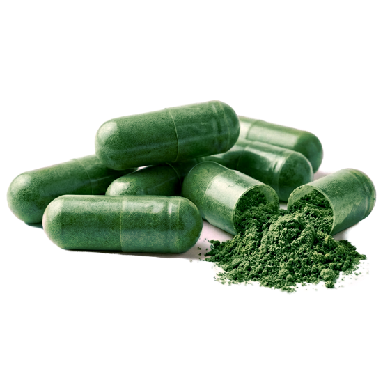 Green capsules with one open showing a green powder on a white background