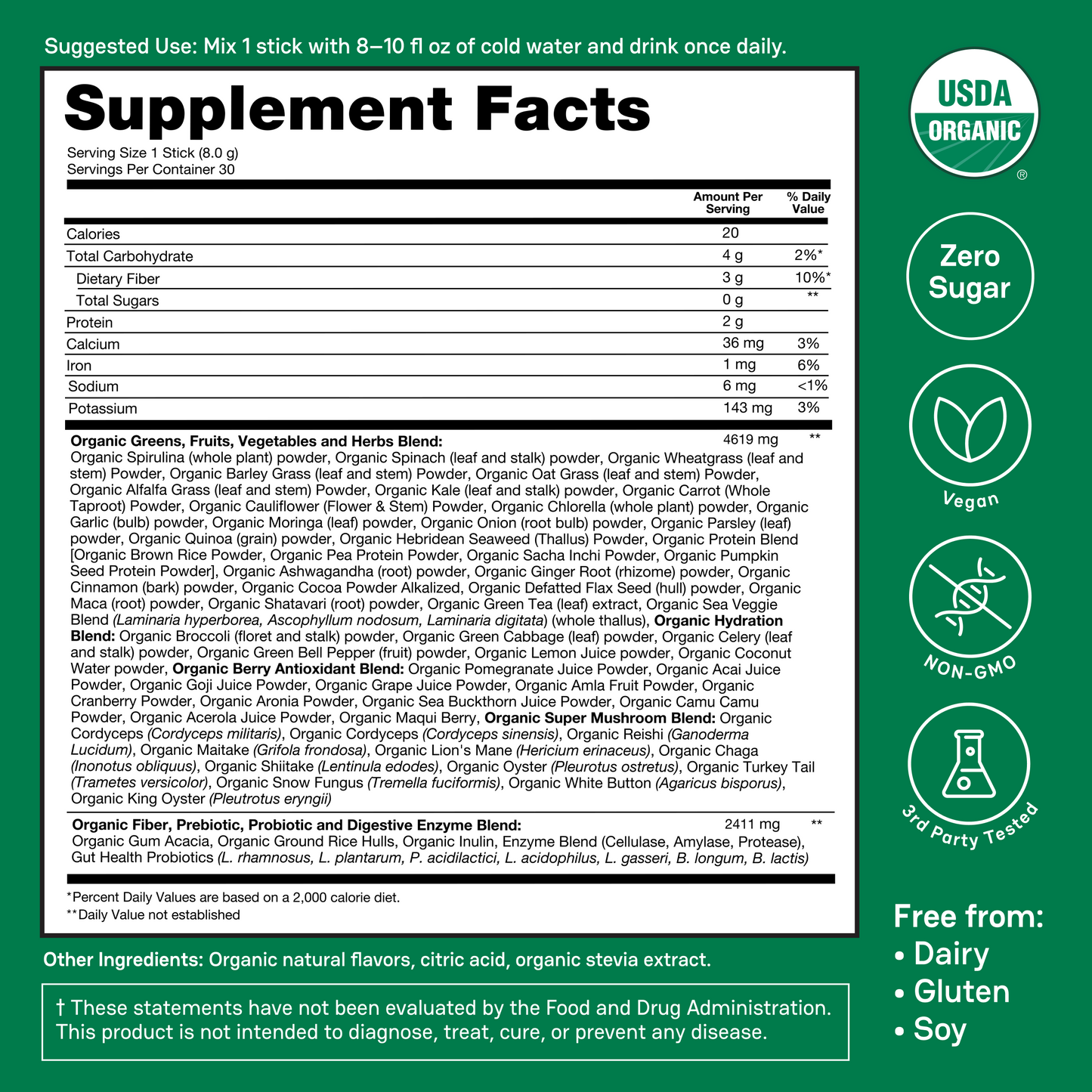 Zena Organic Supergreens Stick Packs - 30ct Carton