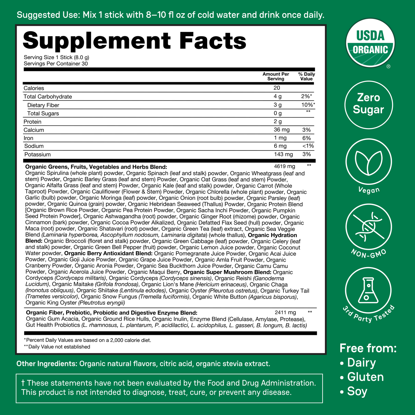 Zena Organic Supergreens Stick Packs - 30ct Carton